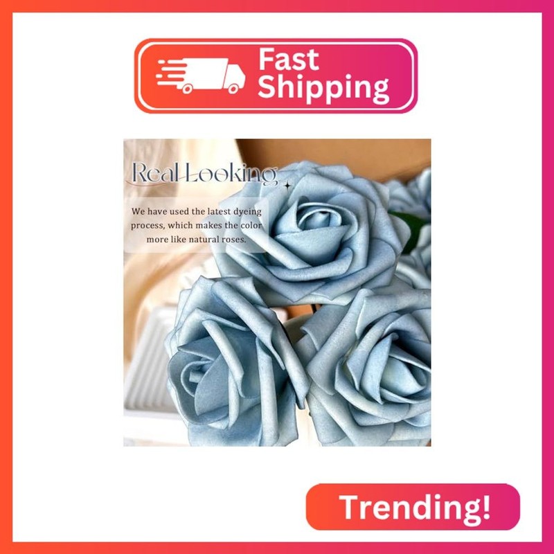 25pcs Artificial Flowers Light Blue Foam Fake Rose with Stems 8 Leaves Real Look gallery