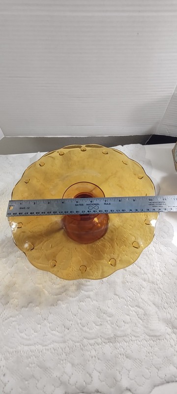 Vintage Amber Teardrop Scallop Indiana Glass Pedestal Cake Plate/Stand Pie MCM gallery
