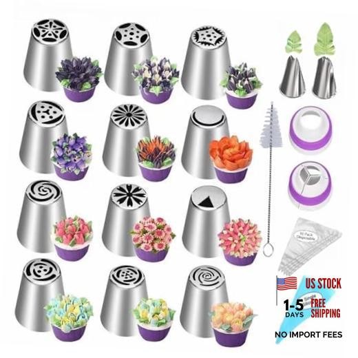 Frosting Nozzle Kit, Baking Supplies for Cookie 28 Pcs Russian Piping Tips Set