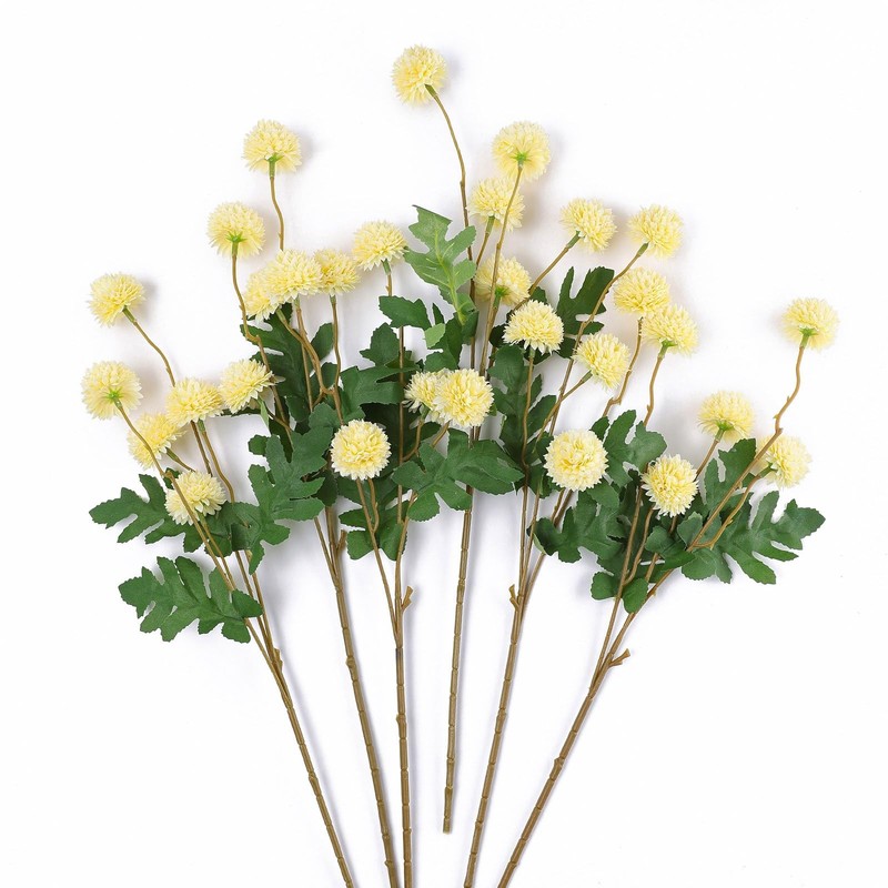 Mizii 6Pcs Yellow Fake Silk Pompon Mum Artificial Flowers Bulk Small Faux