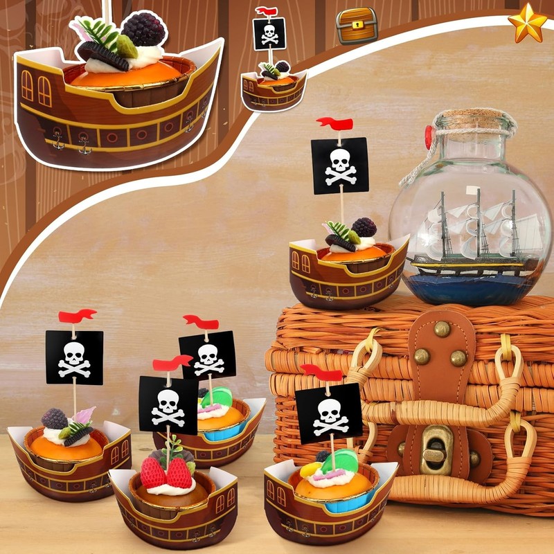 72 Pcs Pirate Ship Cupcake Toppers Skull Cap Cupcake Picks Pirate Halloween gallery