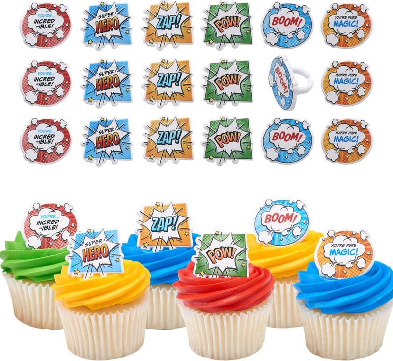 Superhero Rings, 24 Comic Book Cupcake Decorations, Food Safe Cake Toppers – 24