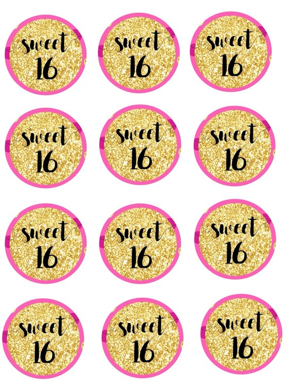 12 Sweet 16 Birthday Cupcake toppers EDIBLE Cupcake Topper Sweet 16 Party Cookie