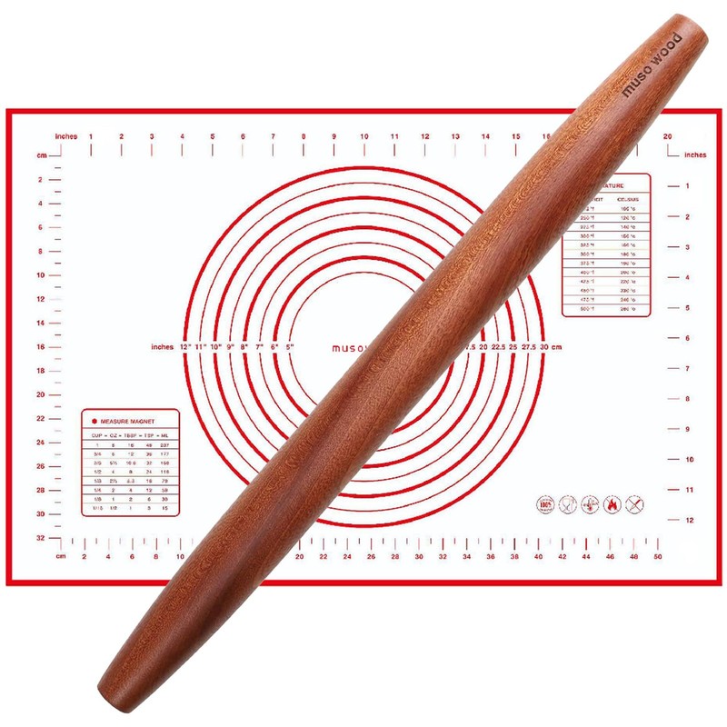 French Rolling Pin and Silicone Baking Mat Set, Sapele Wooden Rolling Pin 15….