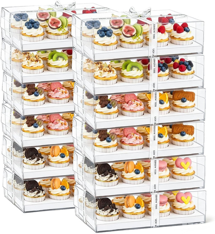 12 Pack Clear Cupcake Boxes, 12 Count Cupcake Containers with Gift Ribbon, Plast