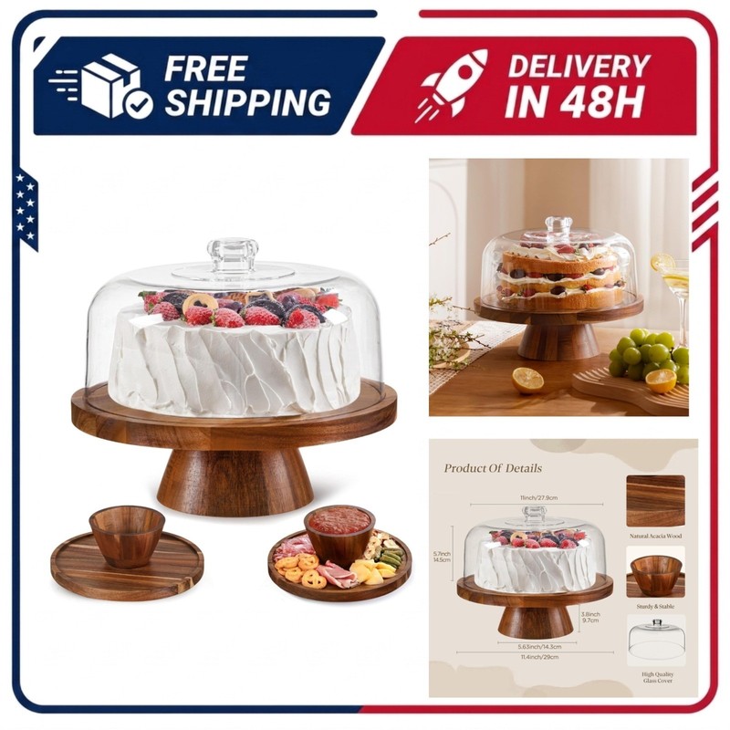 Cake Stand Glass Dome Acacia Wood 2-in-1 Display Board Famyards