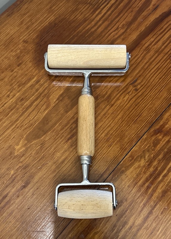 #7…Norpro Pizza/Pastry Roller…4.5×9. Wood and Metal Double-Ended Rolling Pin.