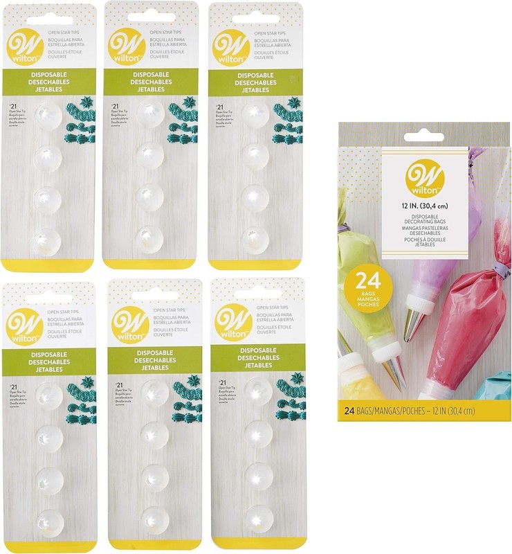 24 WILTON DISPOSABLE NO. 21 OPEN STAR DECORATING TIPS AND 24 WILTON 12″ BAGS SET