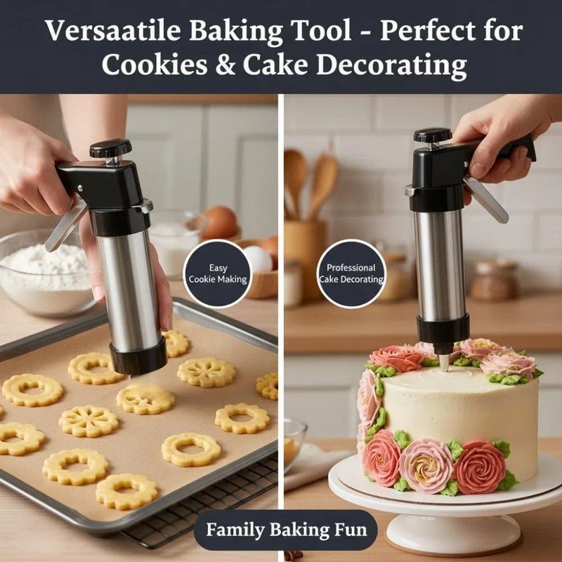 Stainless Steel Cookie Press Gun Kit with 13 Cookie Discs & 8 Piping Tips, Inclu gallery