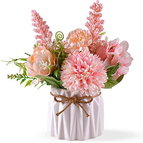 Artificial Potted Flowers Small Ceramic Vase Fake Flower Plants Desktop Pink