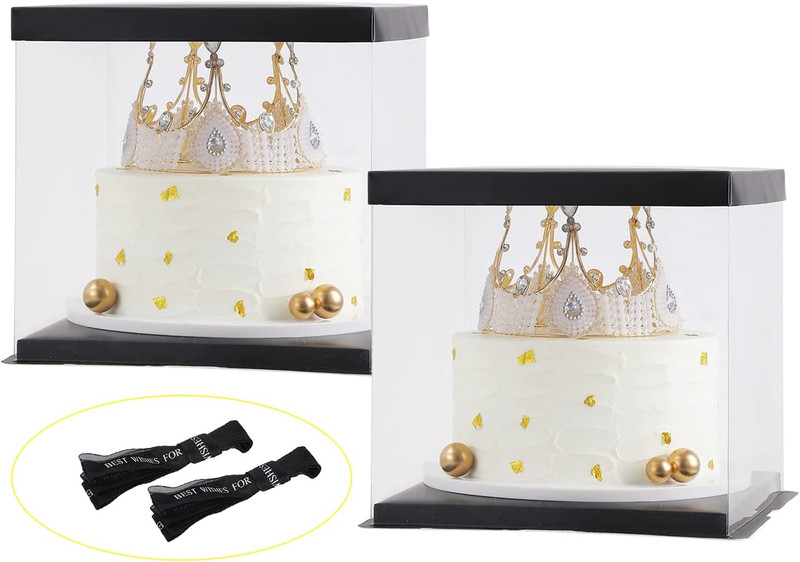 2Pcs Large Cake PET Clear Box, 10" X 10" X 9" with Ribbon and Pre-Folded Lid, fo gallery