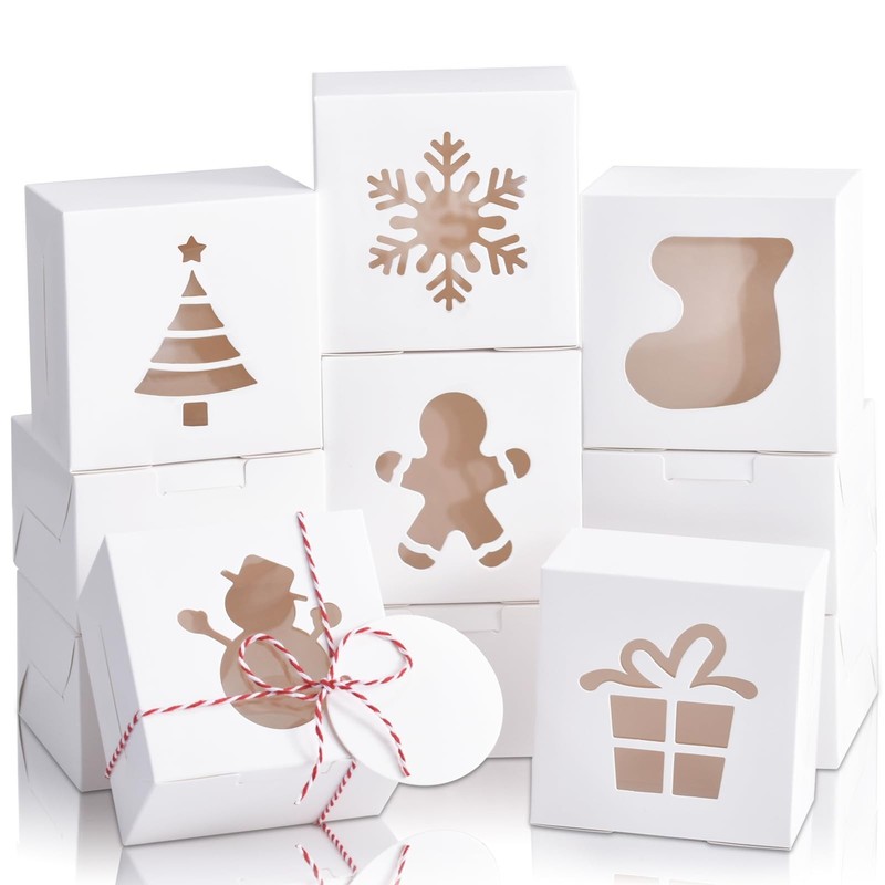 30 PCS Christmas Cookie Boxes With Window 4x4x2.5 Inch White Bakery Boxes