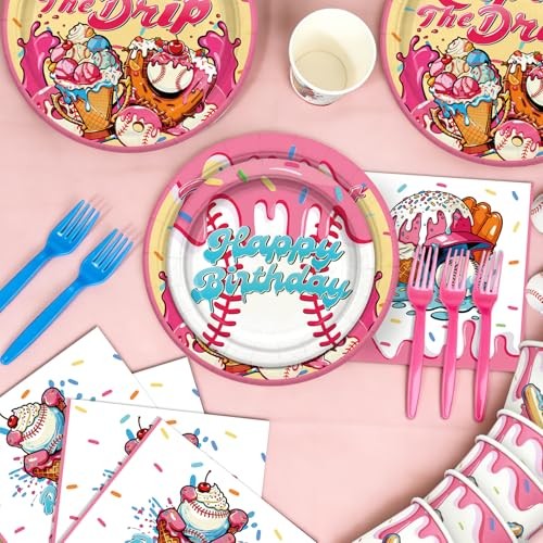 202 Pcs Ice Cream Drip Baseball Birthday Decorations Tableware Set - Service gallery