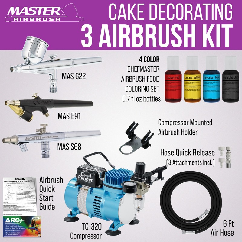 Master 3 Airbrush, Air Compressor Cake Decorating Kit, 4 Chefmaster Food Colors gallery