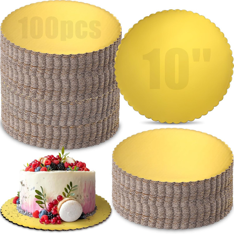 100 Packs Gold Cake Boards round 10 Inch Cakeboard Circle Scallop Edge Cardboard
