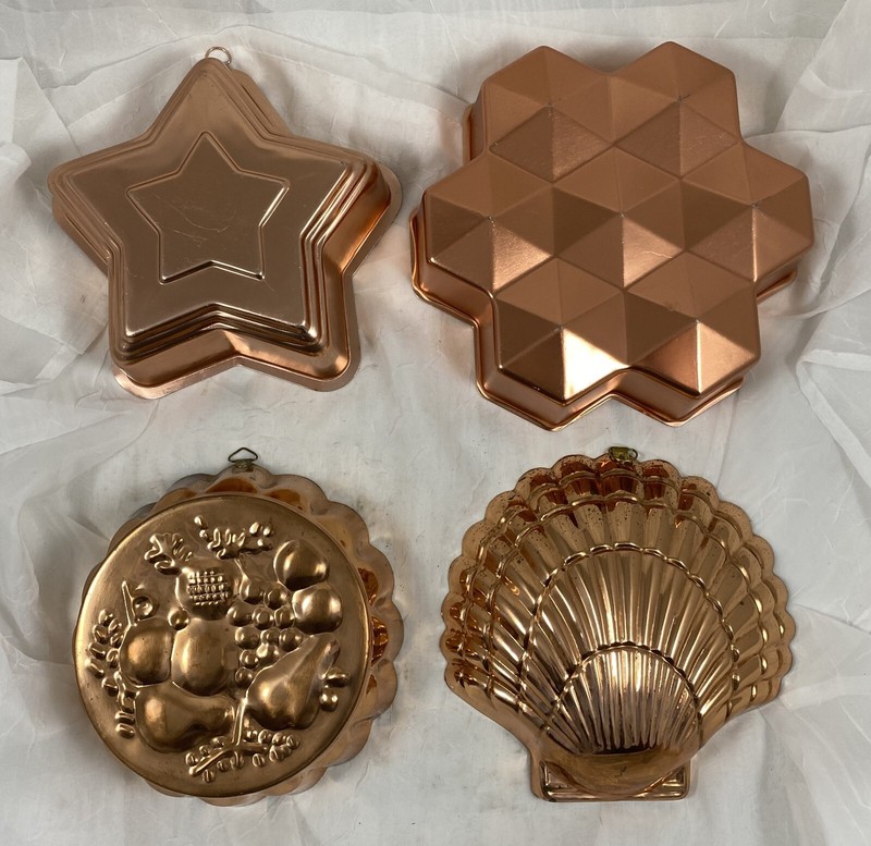(4) COPPER MOLDS JELLO WALL HANGING 8″ STAR, 10″ GEOMETRIC, 8″ SHELL, 7.5″ FRUIT