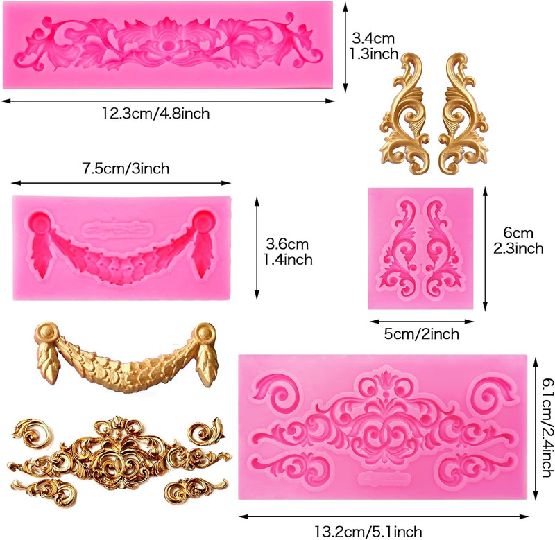 7Pcs Baroque Style Curlicues Scroll Lace Silicone Fondant Molds, Relief Flower M gallery