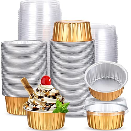 150 Pcs Aluminum Foil Baking Cup Disposable Ramekins with Lids 5oz Gold, Silver gallery