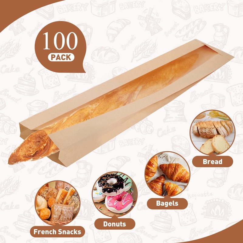 100 Pack Paper Baguette Bread Loaf Packing Bakery Storage Bags with Window fo... gallery
