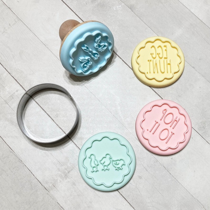 Rae Dunn Easter Cookie Stamp Cutter Set Silicone Wood Handle Spring Bunny gallery
