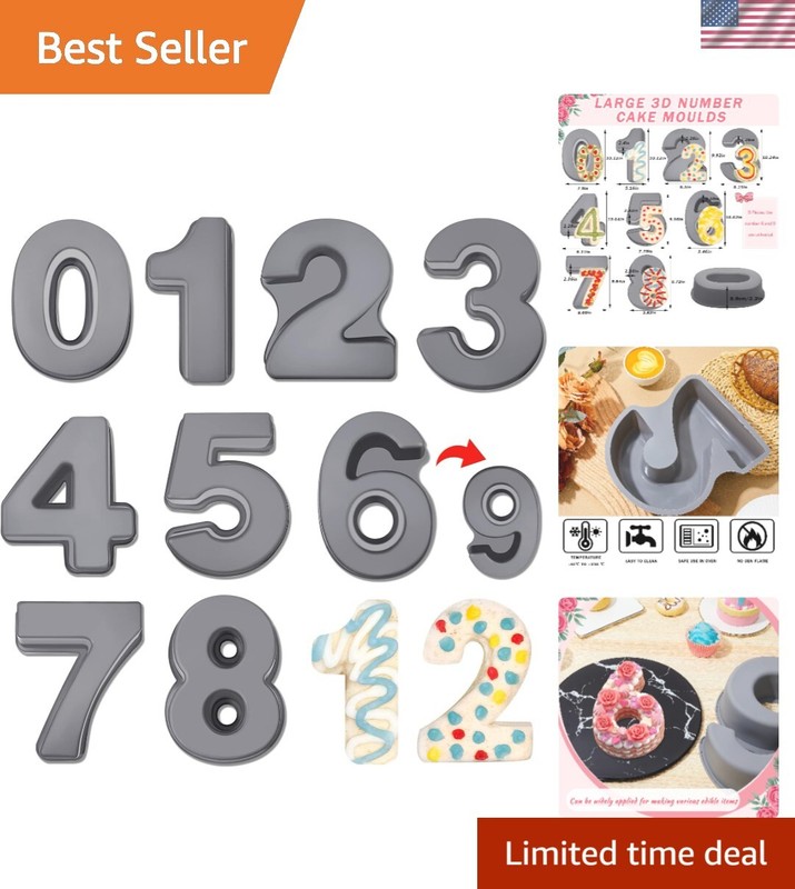 9 Pcs 10 Inch Number Moulds Baking Forms Large Silicone Number Mold 3D Cake M…