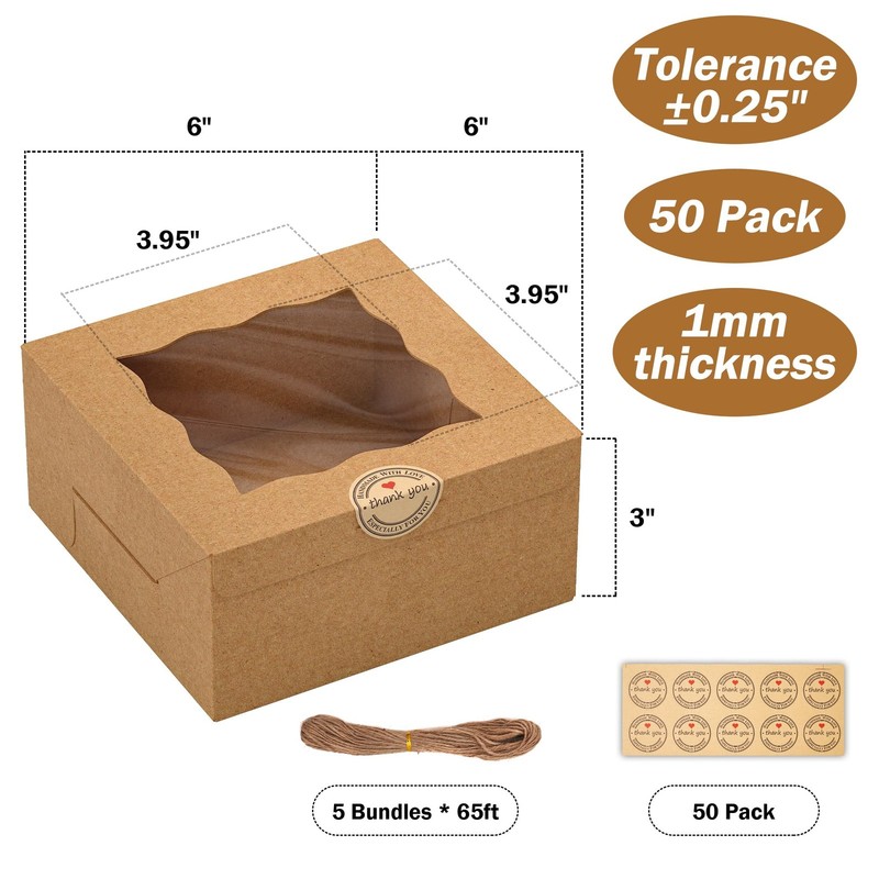 50Pcs 6x6x3 Inch Cookie Boxes with Window for Gift Giving, Brown Bakery Boxes... gallery