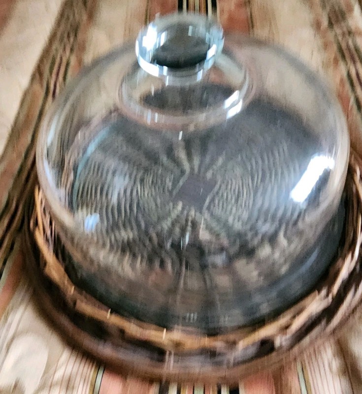 CLEAR GLASS CAKE PLATE with DOMED COVER And WICKER ROUND DECOR