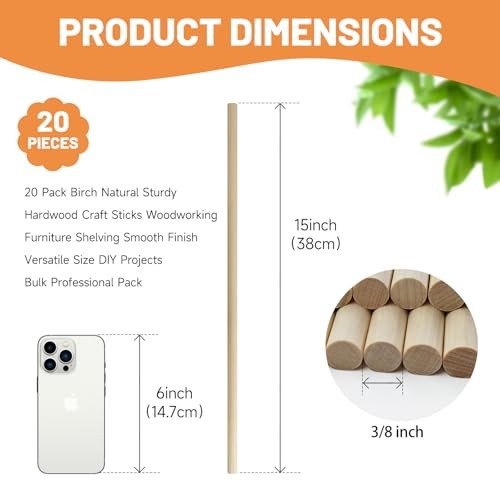 Santoy 20 PCS Wooden Dowel Rods – 3/8 x 15 Inch Round Unfinished Hardwood gallery