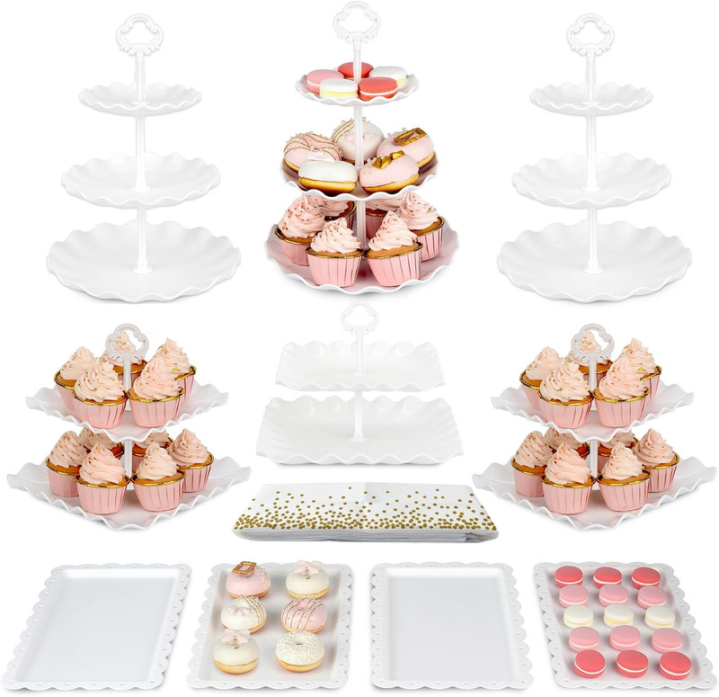 11Pc Cake Stand Set Cupcake Display Tiers Appetizer Trays Tablecloth White Set gallery