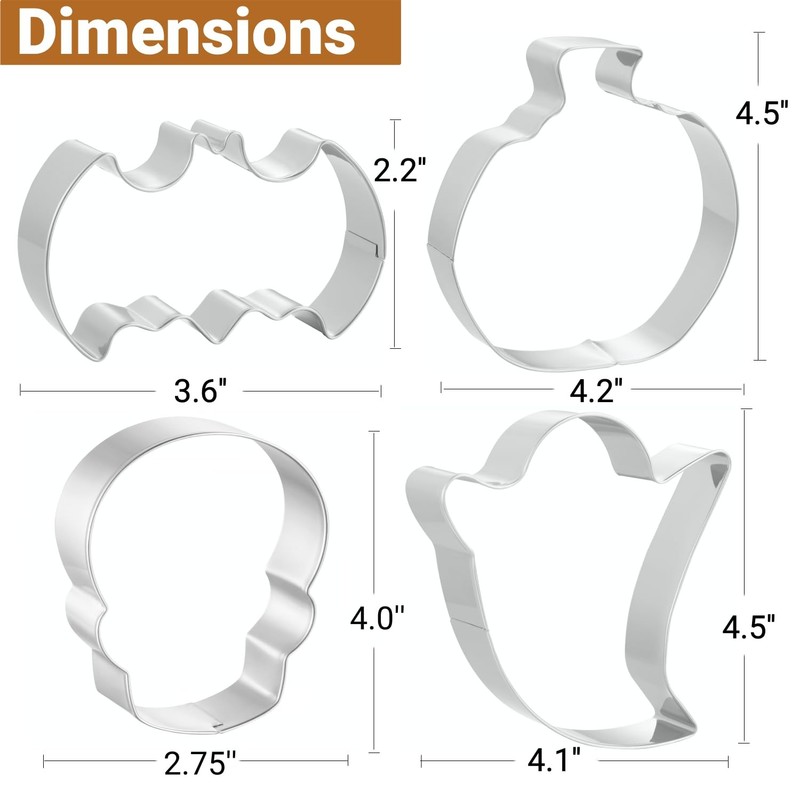 JOB JOL Halloween Cookie Cutters 4 PCS Ghost Pumpkin Bat Skull 3.5-4.5" gallery