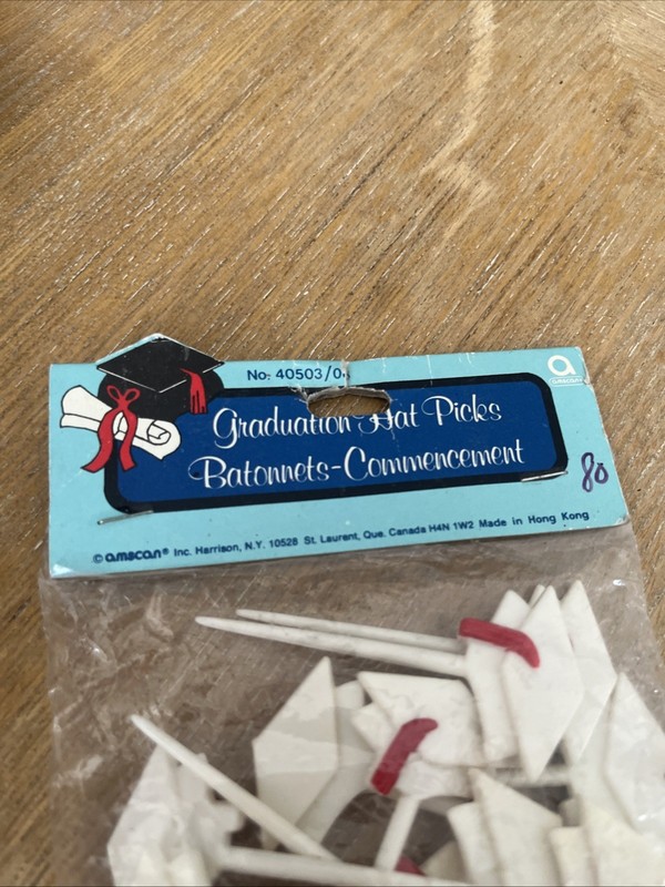 8 CT. VINTAGE 1950's WHITE GRADUATION CAP CAKE PICK DECO HONG KONG MIP gallery