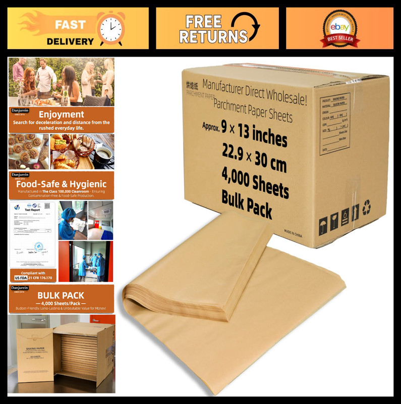 Bulk Parchment Paper 9×13″ – 4000 Sheets, Unbleached, Non-Stick, High Heat Bakin