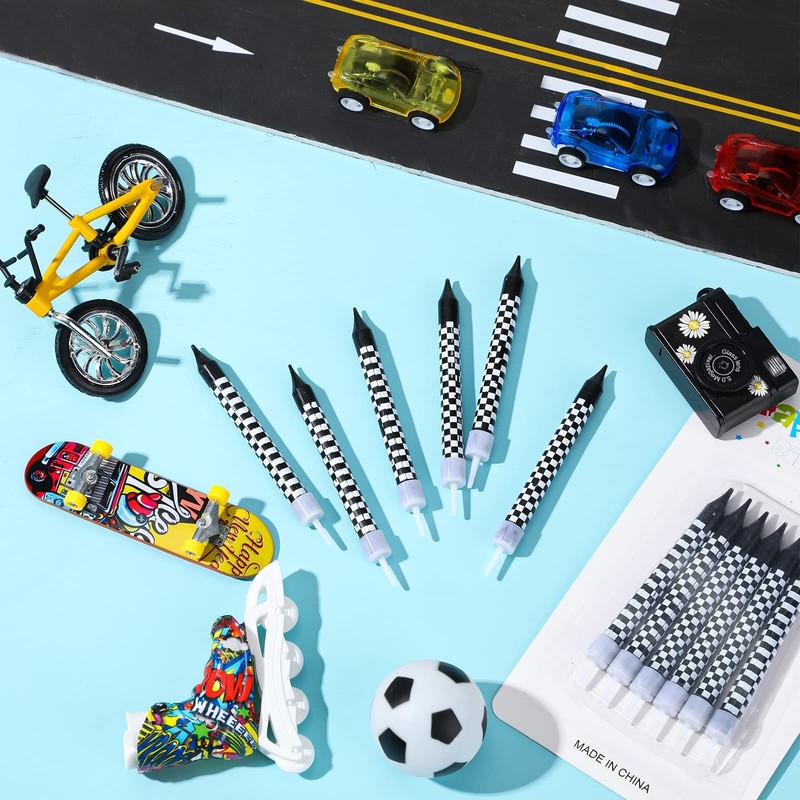 12 Pcs Race Car Birthday Toppers, Checkered Flag Candles, White gallery