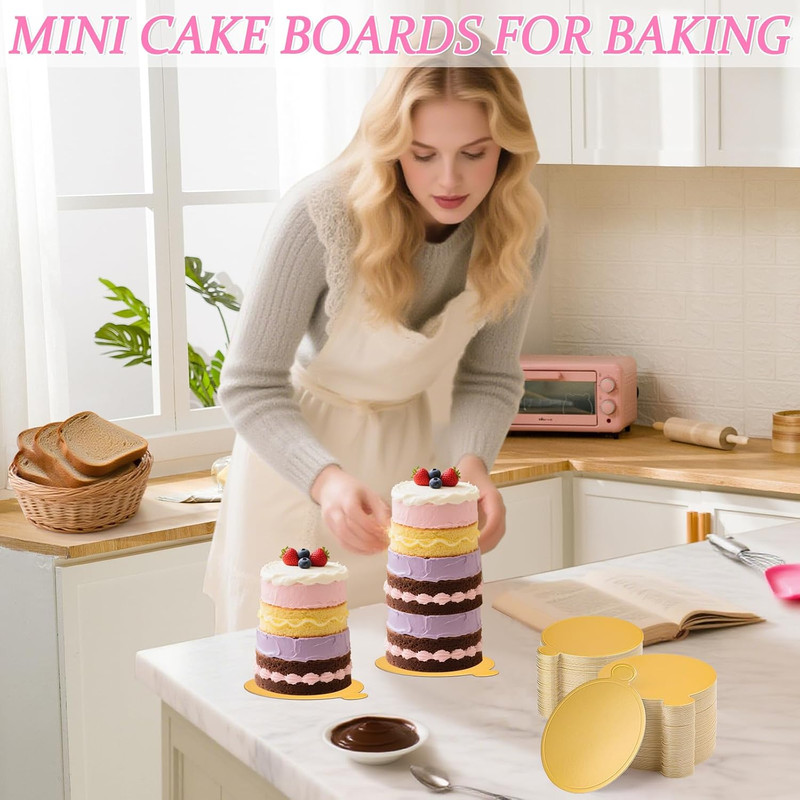 120 PCS Mini Cake Boards, Gold round Mousse Cupcake Base for Dessert, 3.15 Inch gallery