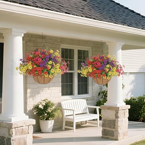 Set Artificial Hanging Flowers with Basket for Outdoor Decor, UV 2 Mix 4 Color gallery