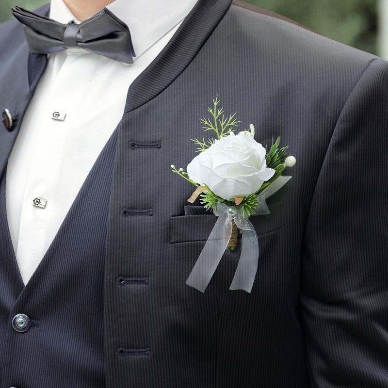 Wrist Corsage & Boutonniere Set Wedding Prom White Rose gallery