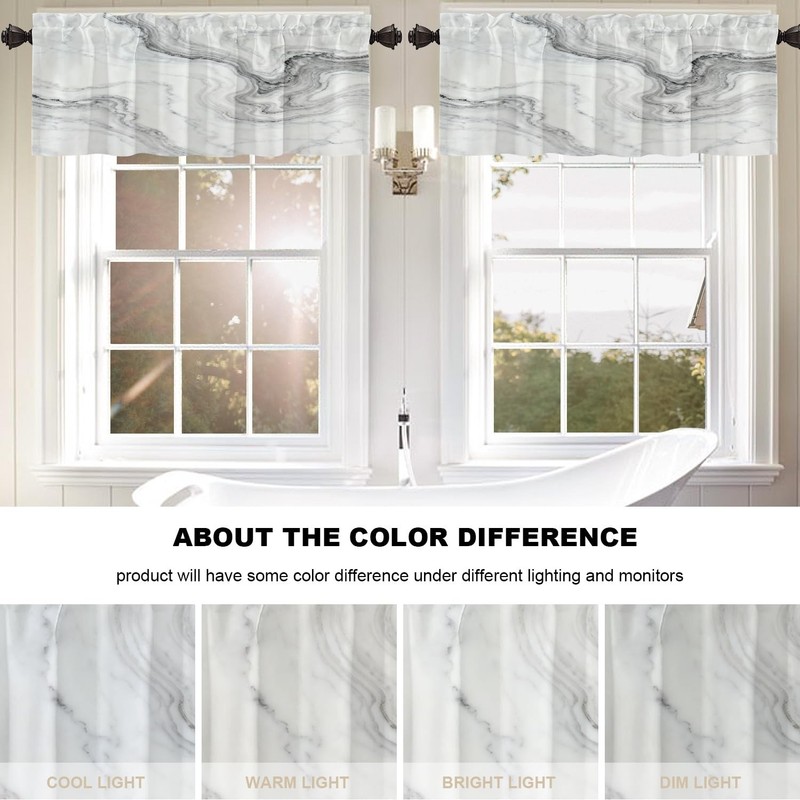 White Gray Abstract Marble Kitchen Valances for Windows,Black Art Curvy Wave ... gallery