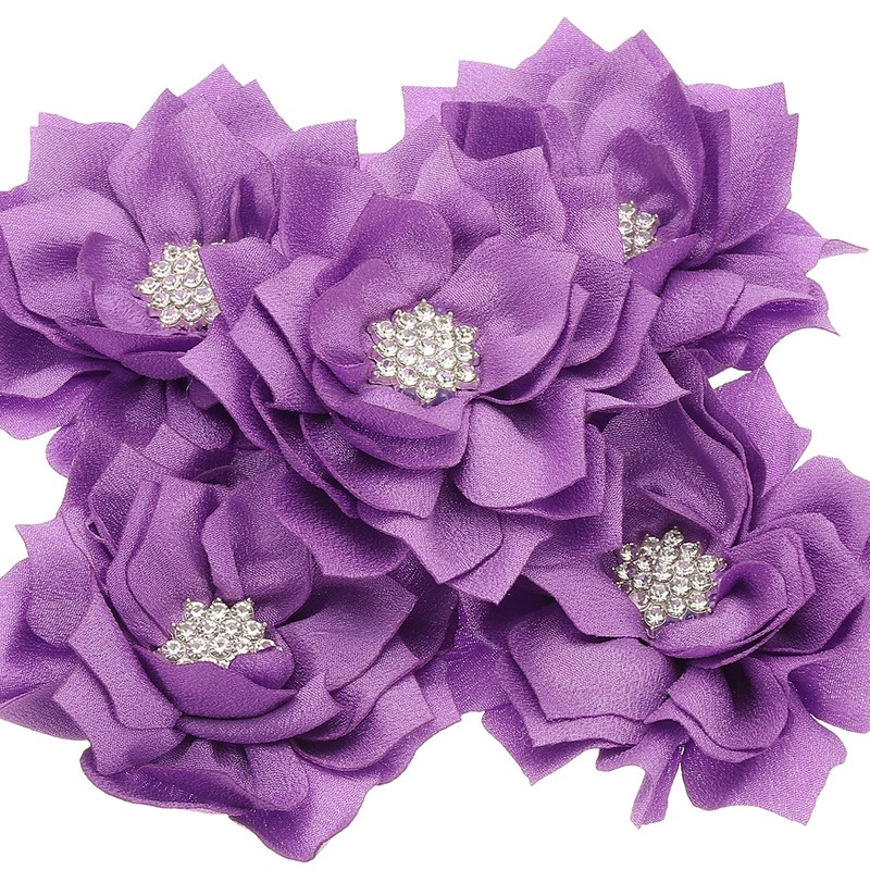 3.5″ Rhinestone Pearl Chiffon Flower, 5 Pcs Sewing Fabric Appliques, Purple