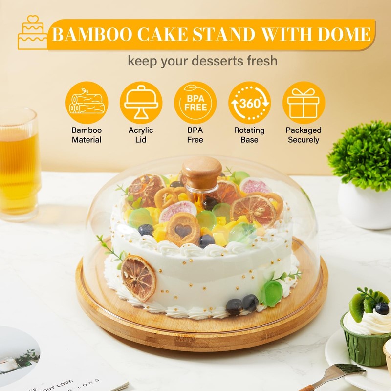 Rotating Cake Stand with Lid, 12'' Wood Food Plate with Cover, Serving Tray, ... gallery