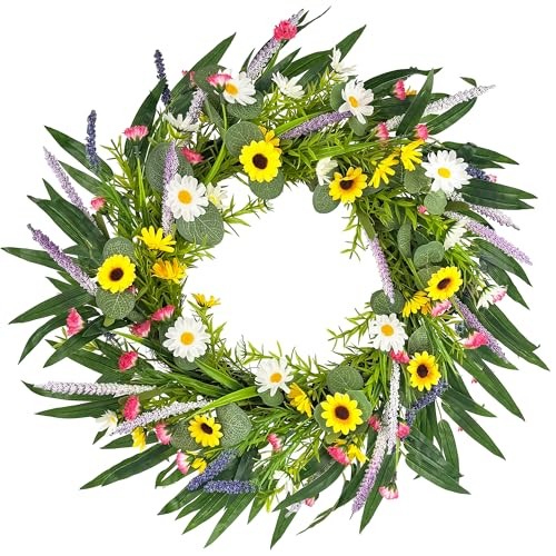 Spring Summer Wreath for Front Door, 20″ Sunflower Daisy Yellow – 20in