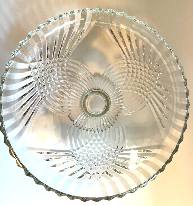 Vintage Clear Cut Glass Cake Stand on Pedestal Unique 3-Leaf Trefoil Pattern gallery