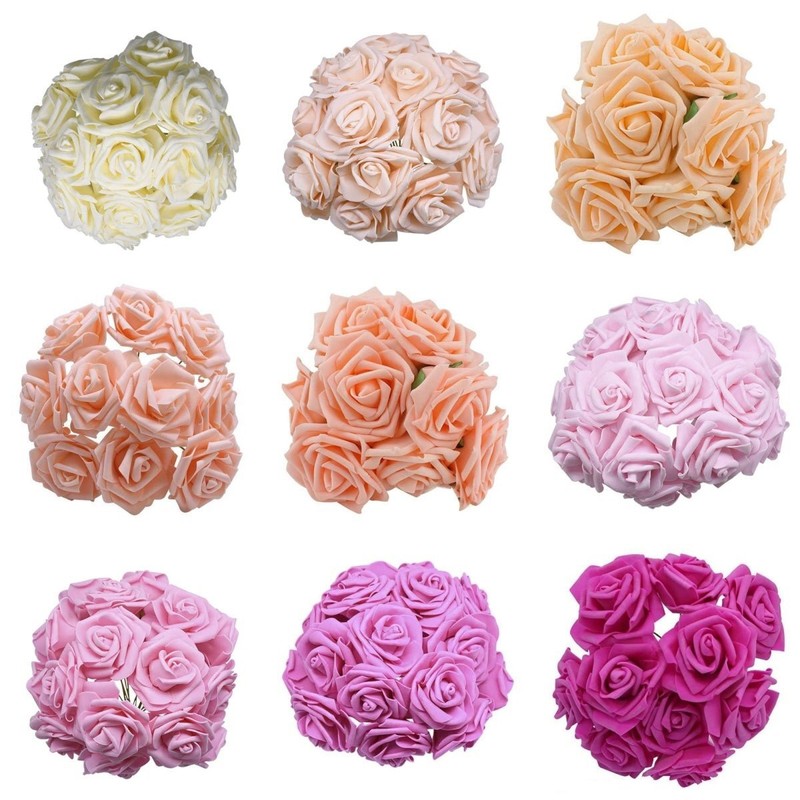 60pcs 8cm Artificial Flowers with Stems Foam Rose Fake Bride Bouquet Wedding Set