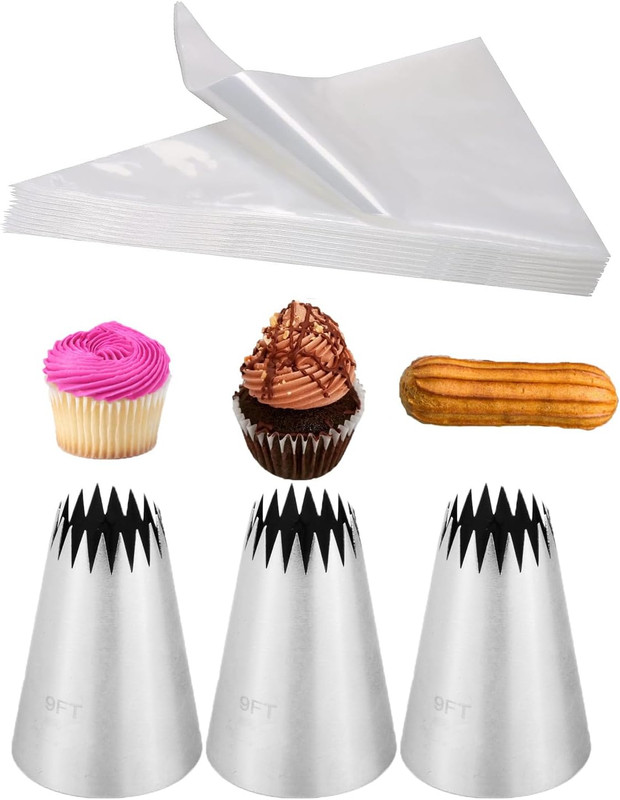 Churro Bags and Tips Set,3 French Star Piping Tips for Eclairs & 20 Disposable P gallery
