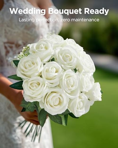 Pcs Roses Artificial Flowers, Fake Velvet Silk Rose Bulk Faux Flower 50 White gallery