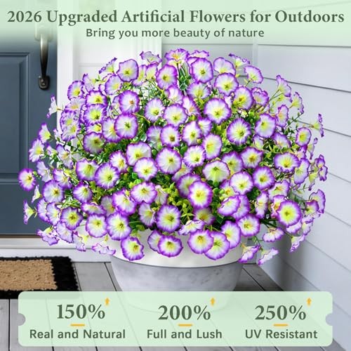 Artificial Flowers for Outdoors Fake Outdoor Flowers, 14 Bundles Purple/White gallery