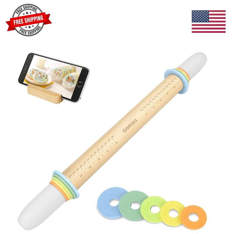 Adjustable Wood Rolling Pin with 5 Thickness Rings, Precise Dough Roller Hand…