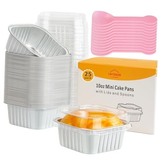 4” Mini Cake Pans with Lids 25 Pack,10oz Small Foil Baking Square- 10oz White