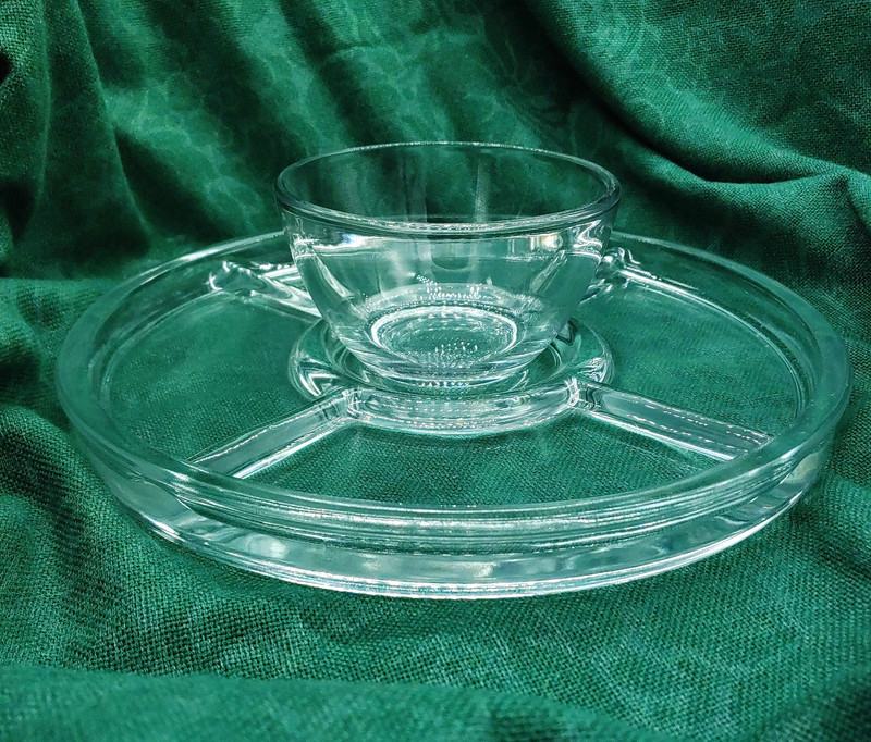 Clear Glass Relish Tray Chip and Dip Bowl Converts to Cake Stand-11 inch Vintage gallery