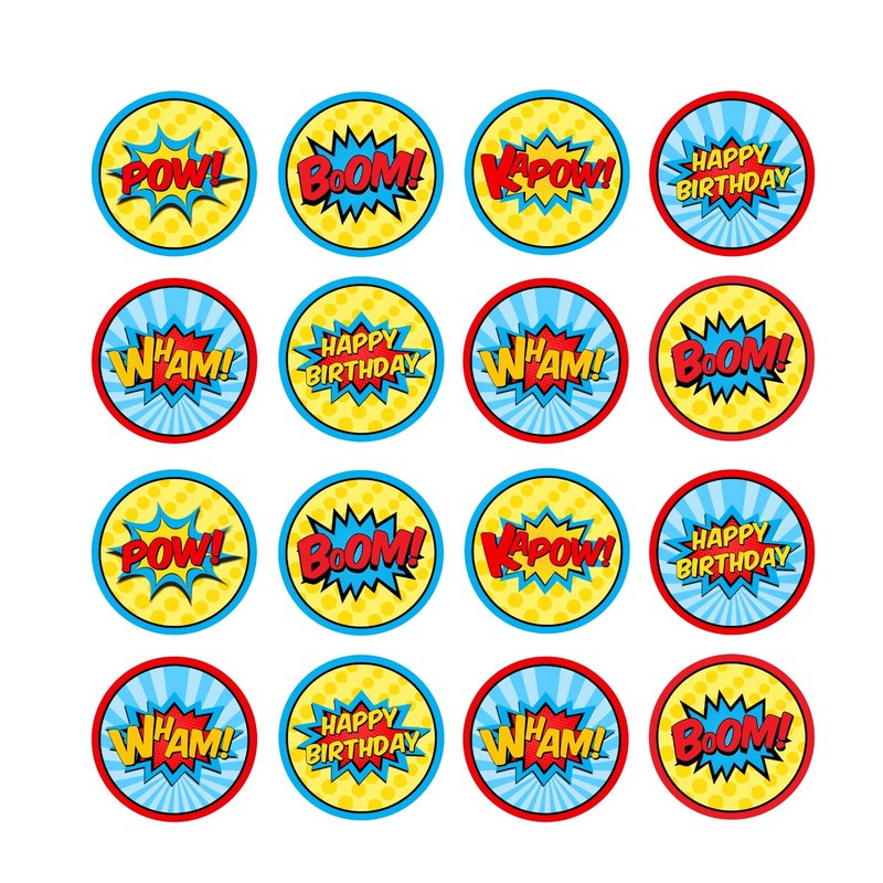Edible Comic book Super Hero Words Icing Wafer cupcake Topper Birthday Decor gallery