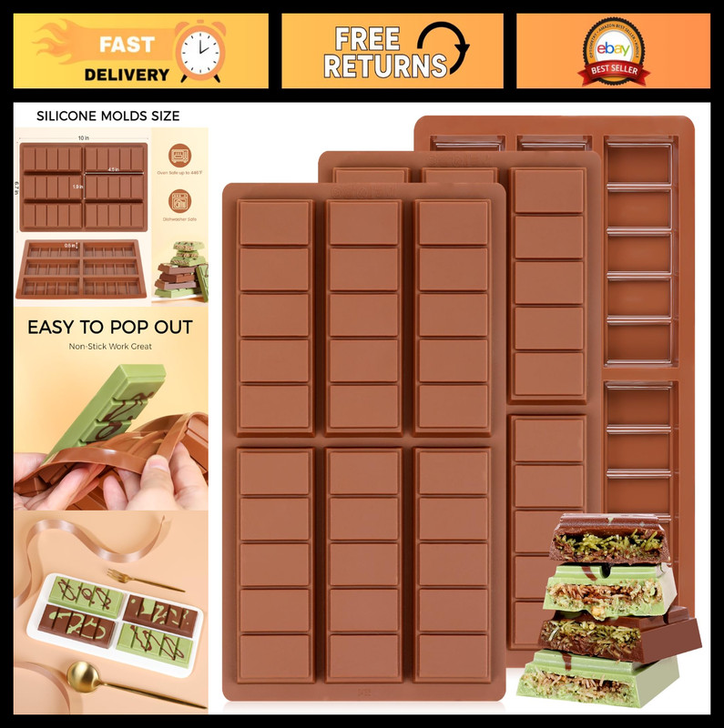 Non-Stick Silicone Chocolate Bar Molds Set of 3 – Deep Food Grade Molds for Snac